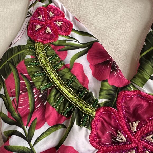 Boston Proper Embellished Tropical Printed Halter One Piece Swim suit Size M - Picture 7 of 12